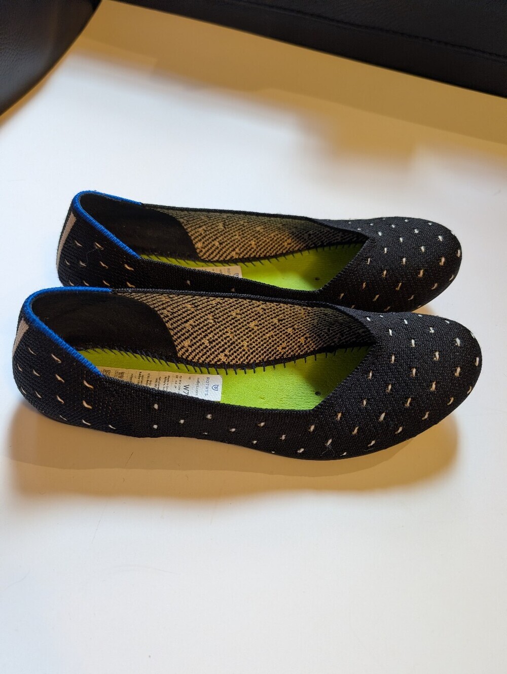 Rothy's Black Knit Slip-On Ballet Flats with Blue Trim Size 7